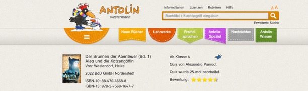 Alea und die Katzengöttin auf der Website von antolin.de
